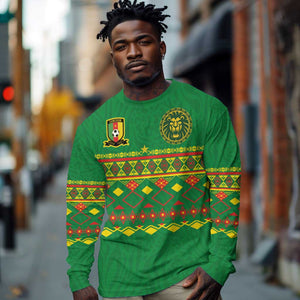 Custom Cameroon Football Long Sleeve Shirt Tribal Motifs Green Color - African Pride