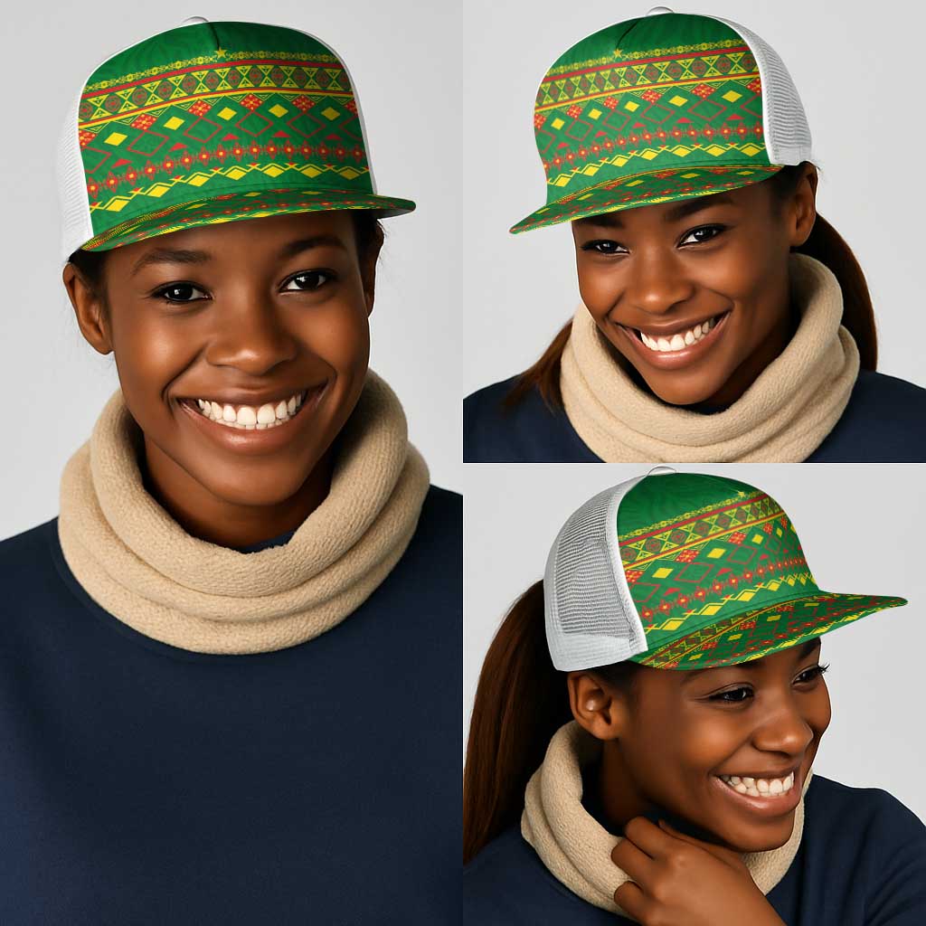 Cameroon Football Mesh Trucker Cap Tribal Motifs Green Color - African Pride