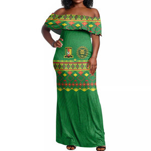 Custom Cameroon Football Off Shoulder Maxi Dress Tribal Motifs Green Color - African Pride