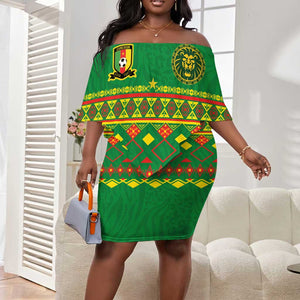 Custom Cameroon Football Off Shoulder Short Dress Tribal Motifs Green Color - African Pride