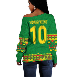 Custom Cameroon Football Off Shoulder Sweater Tribal Motifs Green Color - African Pride