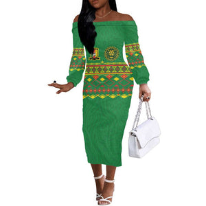 Custom Cameroon Football Off The Shoulder Long Sleeve Dress Tribal Motifs Green Color - African Pride