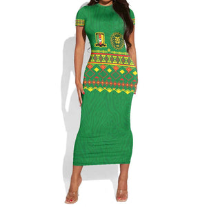 Custom Cameroon Football Short Sleeve Bodycon Dress Tribal Motifs Green Color - African Pride