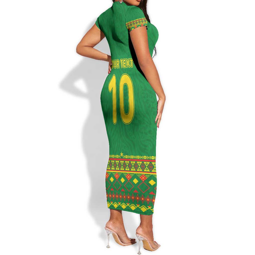 Custom Cameroon Football Short Sleeve Bodycon Dress Tribal Motifs Green Color - African Pride