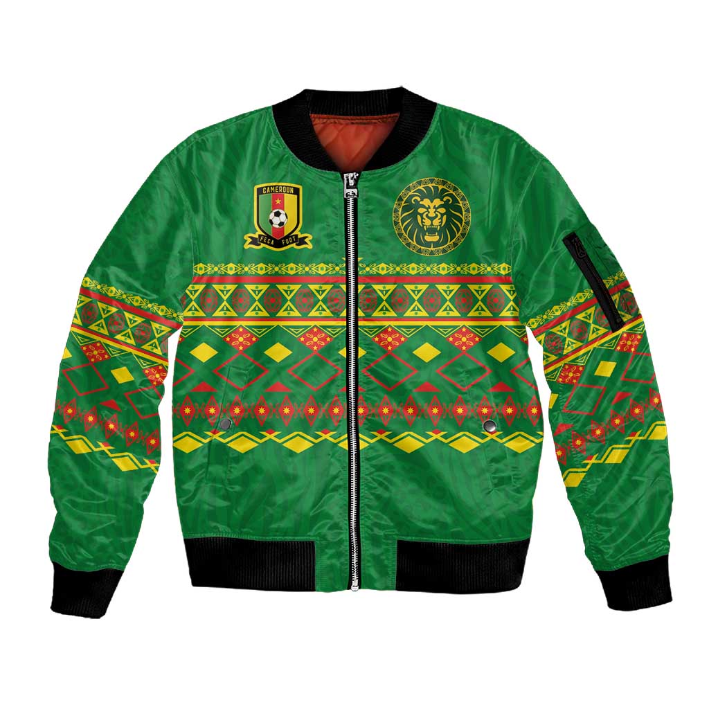 Custom Cameroon Football Sleeve Zip Bomber Jacket Tribal Motifs Green Color - African Pride