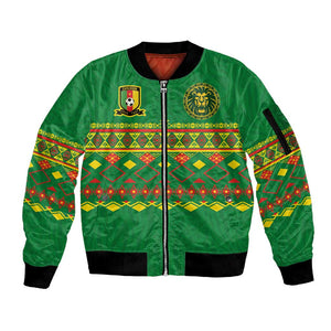 Custom Cameroon Football Sleeve Zip Bomber Jacket Tribal Motifs Green Color - African Pride