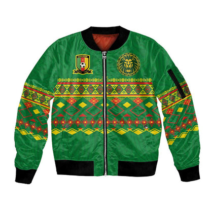 Custom Cameroon Football Sleeve Zip Bomber Jacket Tribal Motifs Green Color - African Pride