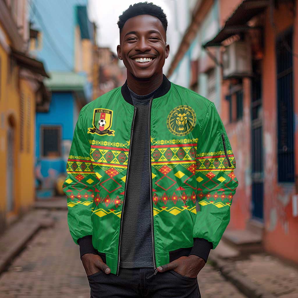 Custom Cameroon Football Sleeve Zip Bomber Jacket Tribal Motifs Green Color - African Pride