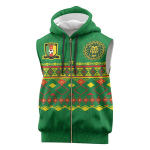 Custom Cameroon Football Sleeveless Zip Hoodie Tribal Motifs Green Color - African Pride