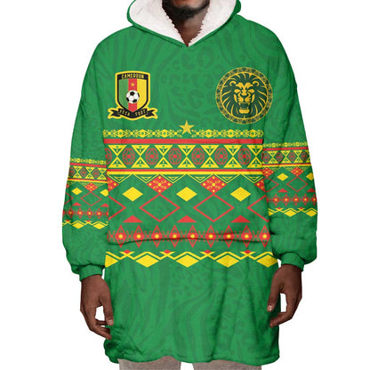 Custom Cameroon Football Wearable Blanket Hoodie Tribal Motifs Green Color - African Pride