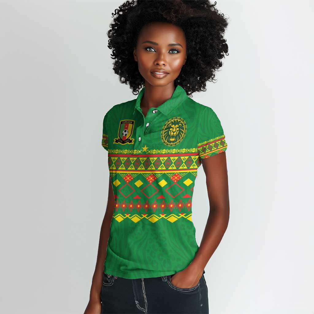 Custom Cameroon Football Women Polo Shirt Tribal Motifs Green Color - African Pride