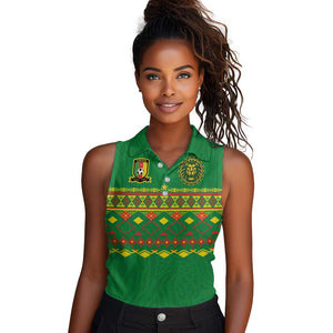 Custom Cameroon Football Women Sleeveless Polo Shirt Tribal Motifs Green Color - African Pride