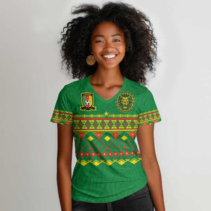 Custom Cameroon Football Women V-Neck T-Shirt Tribal Motifs Green Color - African Pride
