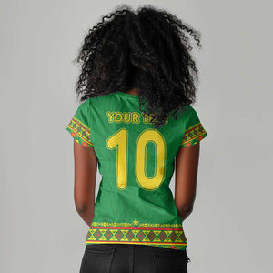 Custom Cameroon Football Women V-Neck T-Shirt Tribal Motifs Green Color - African Pride