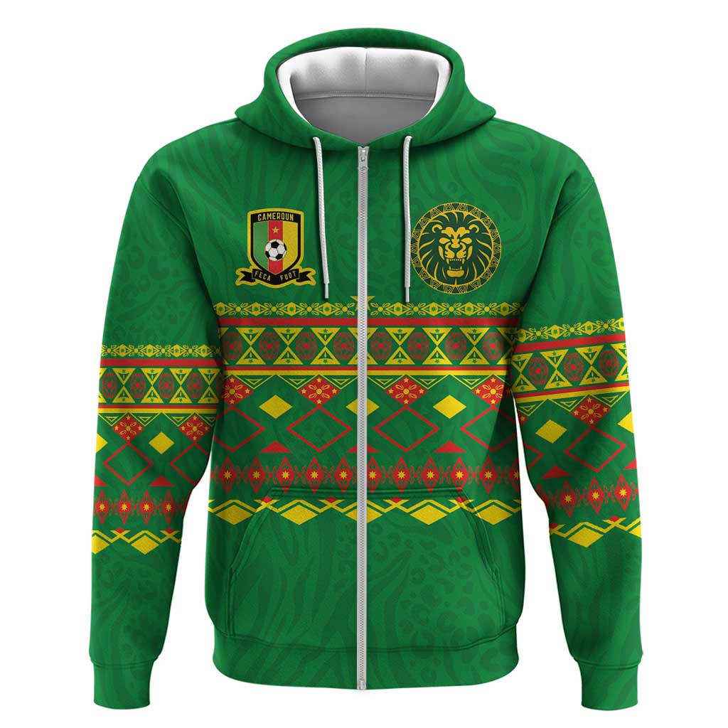 Custom Cameroon Football Zip Hoodie Tribal Motifs Green Color - African Pride