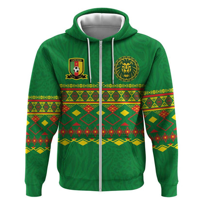 Custom Cameroon Football Zip Hoodie Tribal Motifs Green Color - African Pride