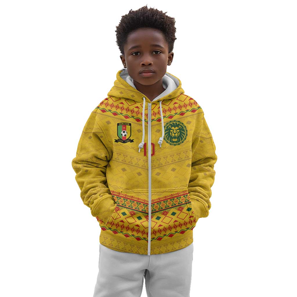 Custom Cameroon Football Kid Hoodie Tribal Motifs Yellow Color - African Pride