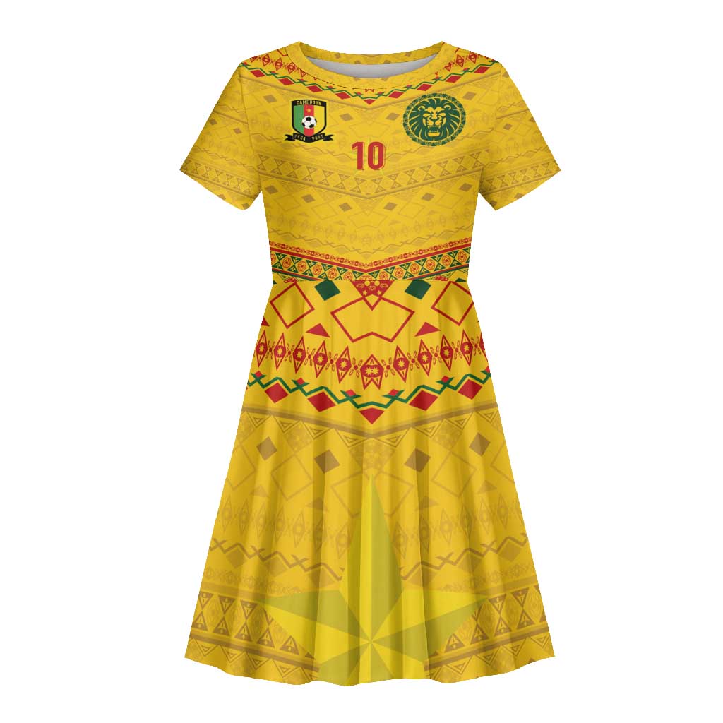 Custom Cameroon Football Kid Short Sleeve Dress Tribal Motifs Yellow Color - African Pride