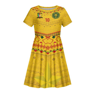 Custom Cameroon Football Kid Short Sleeve Dress Tribal Motifs Yellow Color - African Pride