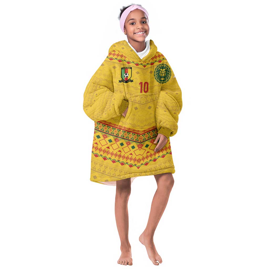 Custom Cameroon Football Kid Wearable Blanket Hoodie Tribal Motifs Yellow Color - African Pride