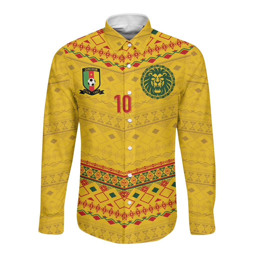 Custom Cameroon Football Long Sleeve Button Shirt Tribal Motifs Yellow Color - African Pride