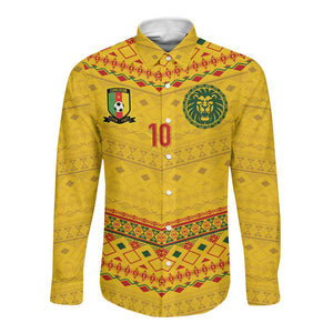 Custom Cameroon Football Long Sleeve Button Shirt Tribal Motifs Yellow Color - African Pride