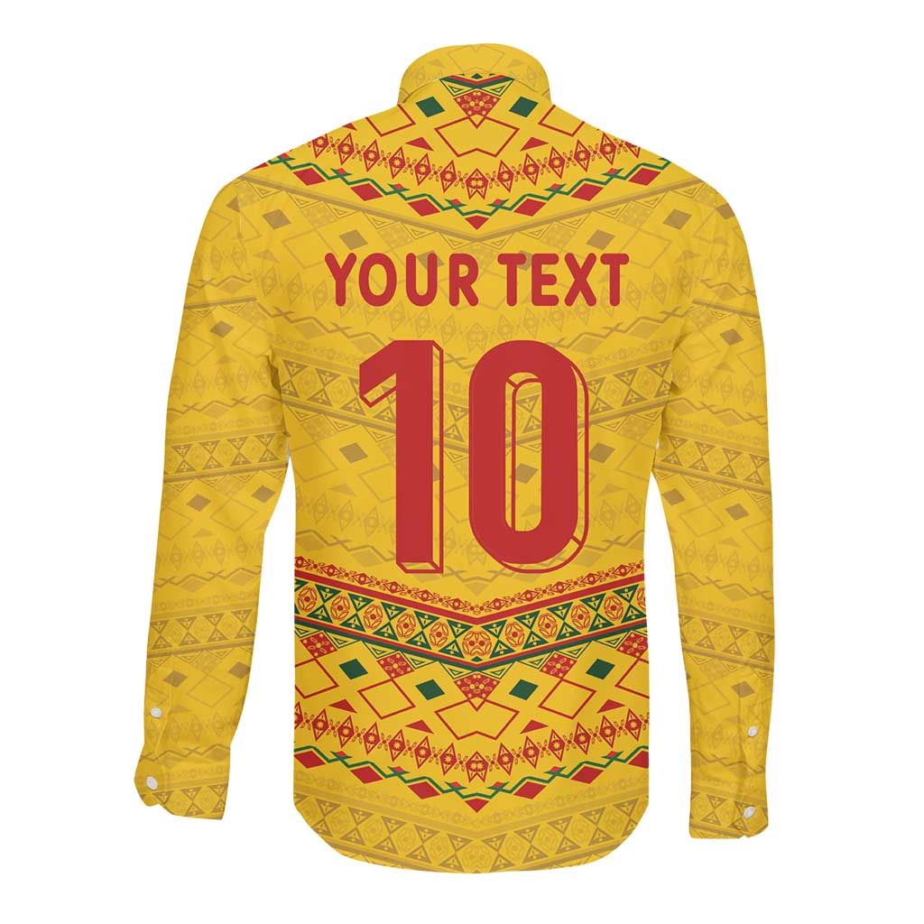 Custom Cameroon Football Long Sleeve Button Shirt Tribal Motifs Yellow Color - African Pride