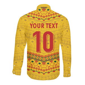 Custom Cameroon Football Long Sleeve Button Shirt Tribal Motifs Yellow Color - African Pride