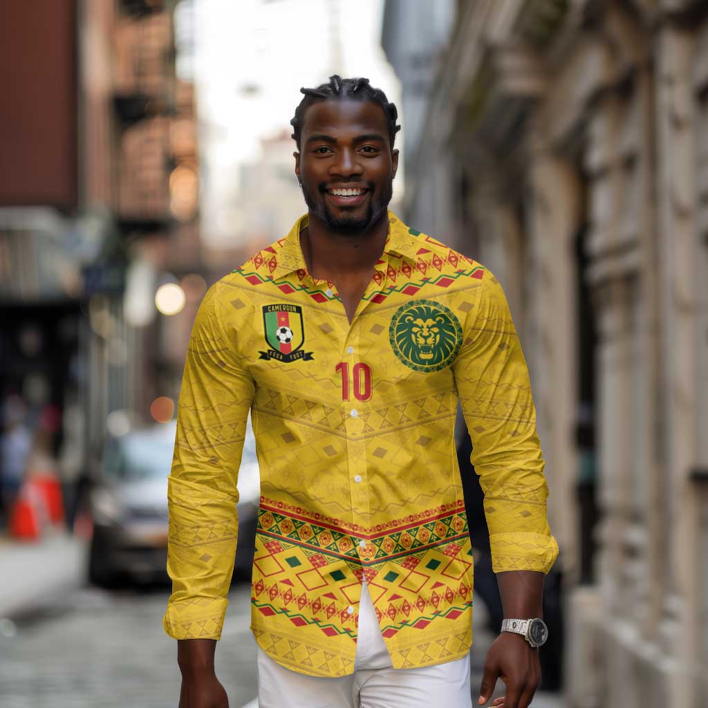Custom Cameroon Football Long Sleeve Button Shirt Tribal Motifs Yellow Color - African Pride