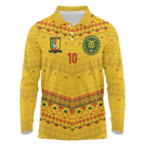 Custom Cameroon Football Long Sleeve Polo Shirt Tribal Motifs Yellow Color - African Pride