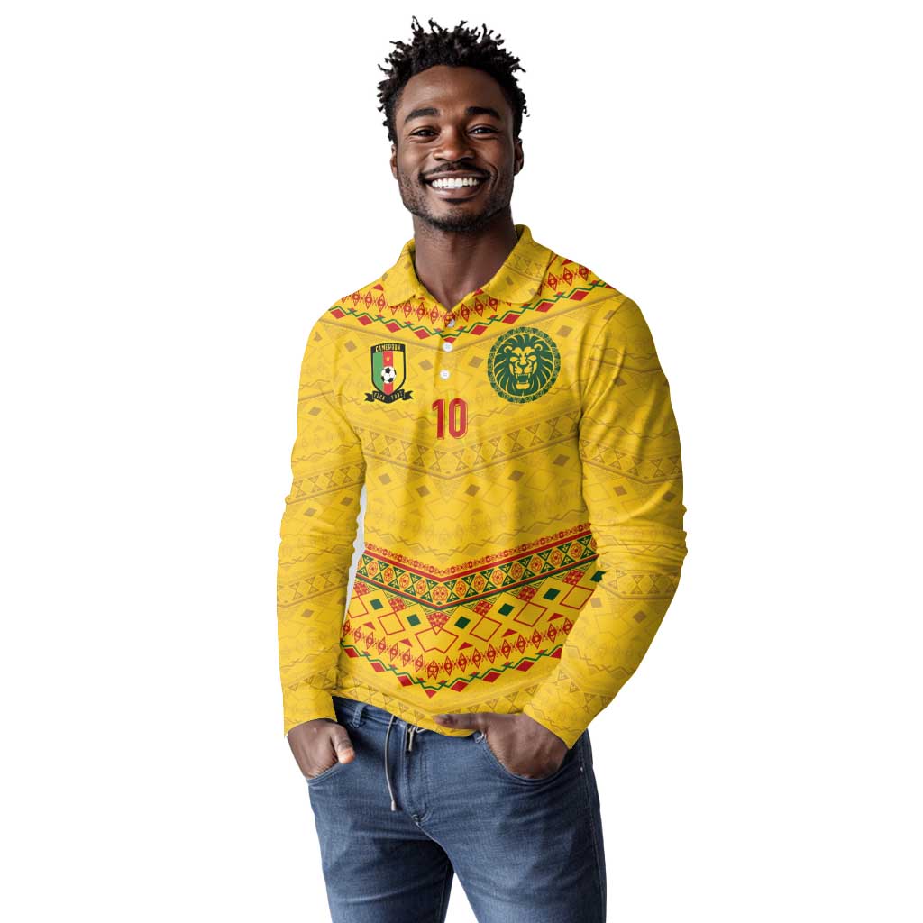 Custom Cameroon Football Long Sleeve Polo Shirt Tribal Motifs Yellow Color - African Pride