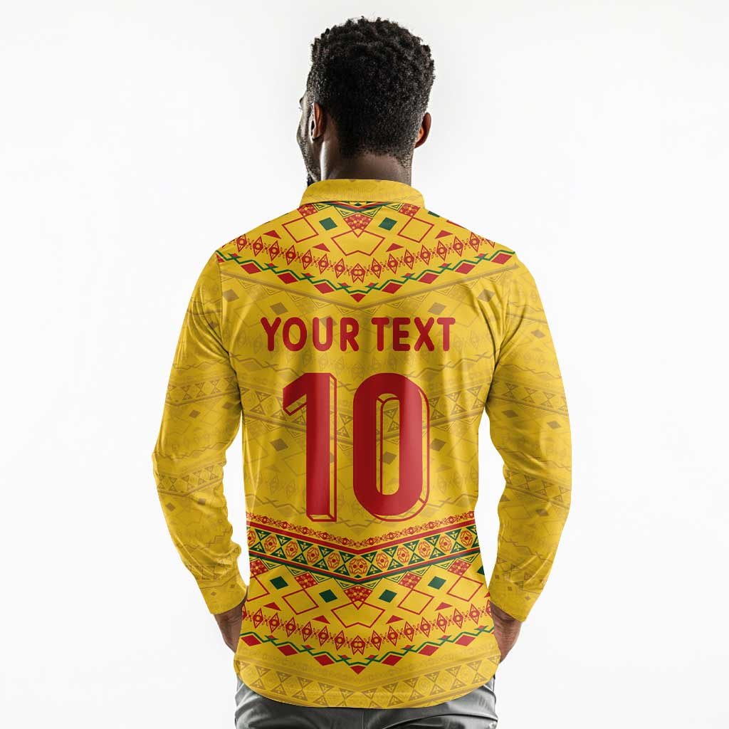 Custom Cameroon Football Long Sleeve Polo Shirt Tribal Motifs Yellow Color - African Pride