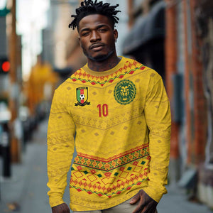 Custom Cameroon Football Long Sleeve Shirt Tribal Motifs Yellow Color - African Pride