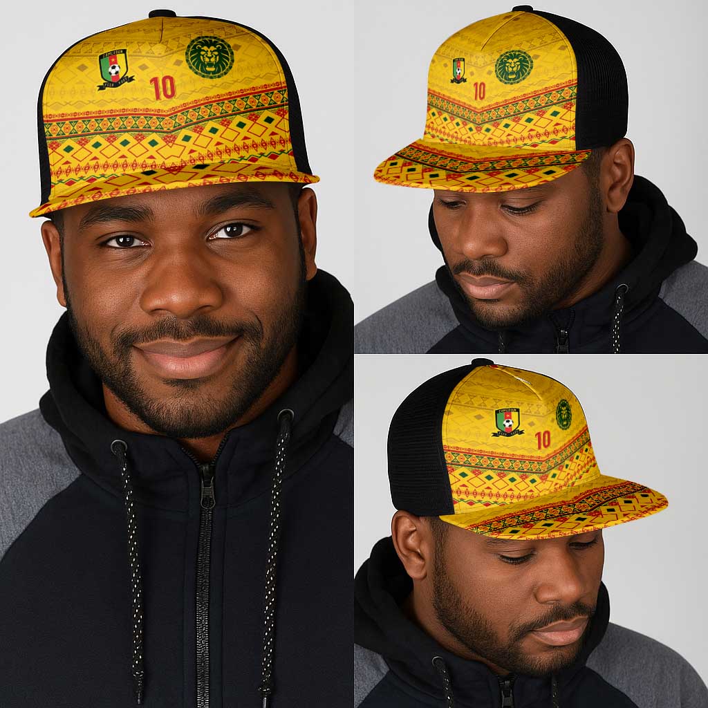 Custom Cameroon Football Mesh Trucker Cap Tribal Motifs Yellow Color - African Pride
