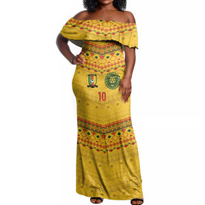 Custom Cameroon Football Off Shoulder Maxi Dress Tribal Motifs Yellow Color - African Pride