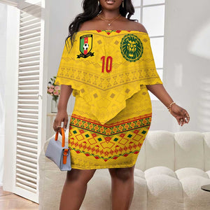 Custom Cameroon Football Off Shoulder Short Dress Tribal Motifs Yellow Color - African Pride
