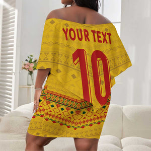 Custom Cameroon Football Off Shoulder Short Dress Tribal Motifs Yellow Color - African Pride