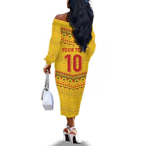 Custom Cameroon Football Off The Shoulder Long Sleeve Dress Tribal Motifs Yellow Color - African Pride