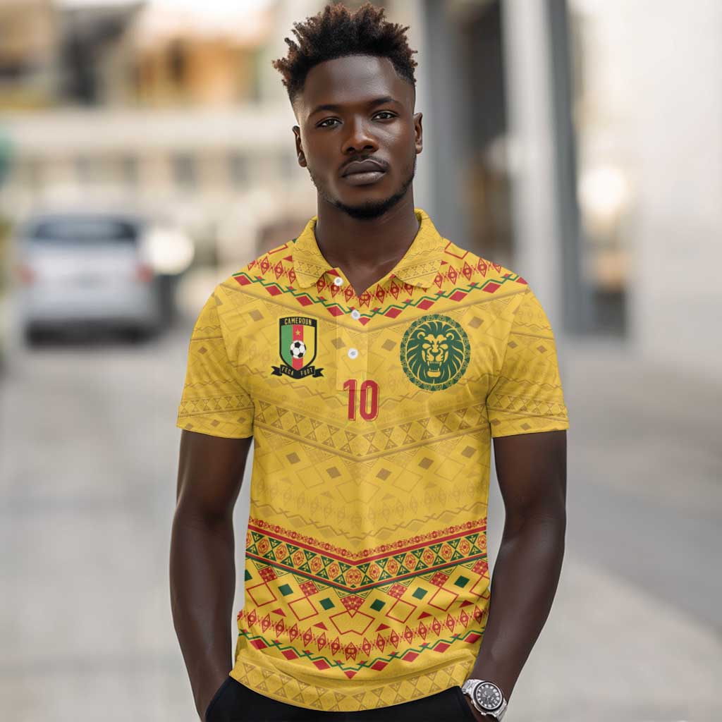 Custom Cameroon Football Polo Shirt Tribal Motifs Yellow Color - African Pride