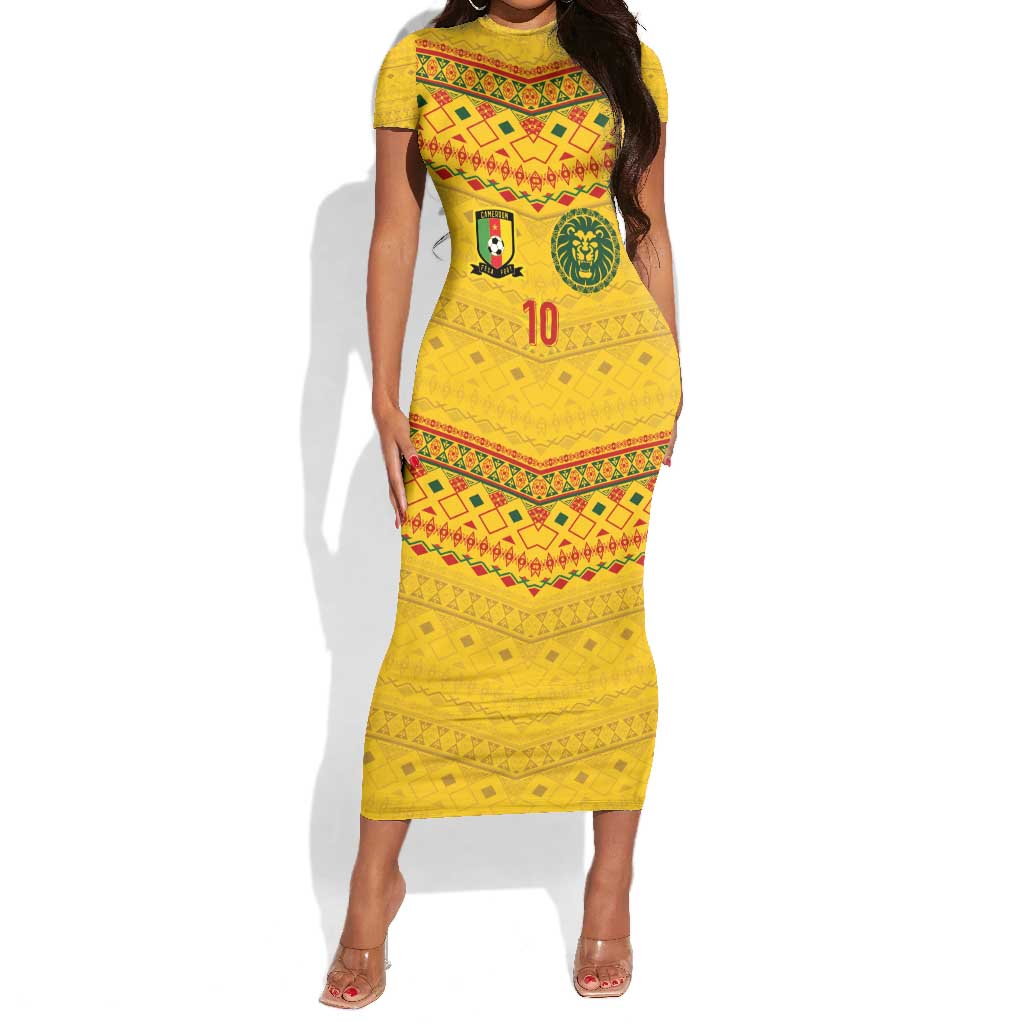 Custom Cameroon Football Short Sleeve Bodycon Dress Tribal Motifs Yellow Color - African Pride