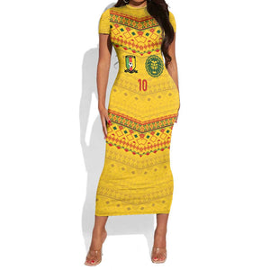 Custom Cameroon Football Short Sleeve Bodycon Dress Tribal Motifs Yellow Color - African Pride