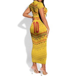 Custom Cameroon Football Short Sleeve Bodycon Dress Tribal Motifs Yellow Color - African Pride
