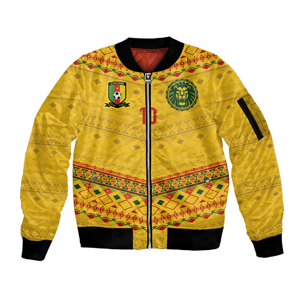 Custom Cameroon Football Sleeve Zip Bomber Jacket Tribal Motifs Yellow Color - African Pride