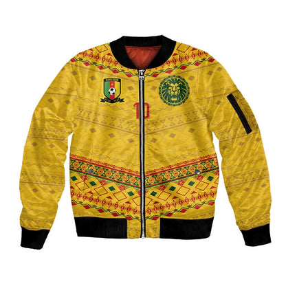 Custom Cameroon Football Sleeve Zip Bomber Jacket Tribal Motifs Yellow Color - African Pride