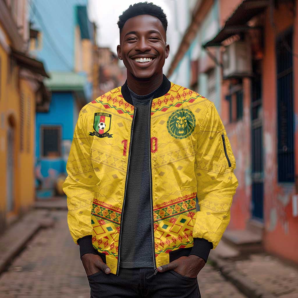 Custom Cameroon Football Sleeve Zip Bomber Jacket Tribal Motifs Yellow Color - African Pride