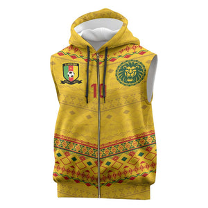 Custom Cameroon Football Sleeveless Zip Hoodie Tribal Motifs Yellow Color - African Pride