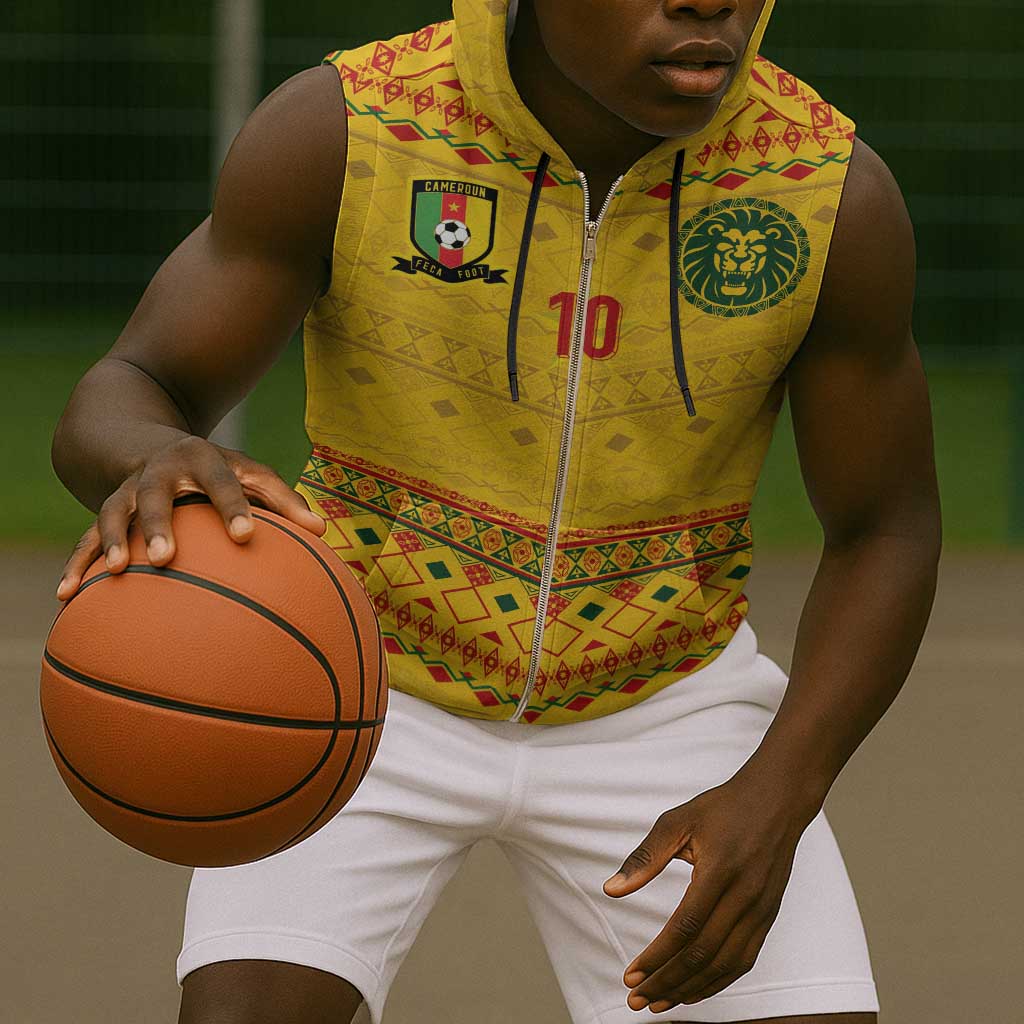 Custom Cameroon Football Sleeveless Zip Hoodie Tribal Motifs Yellow Color - African Pride
