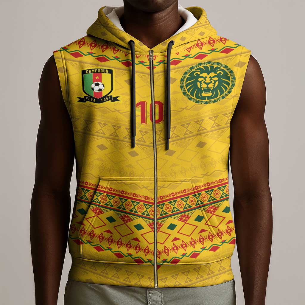 Custom Cameroon Football Sleeveless Zip Hoodie Tribal Motifs Yellow Color - African Pride