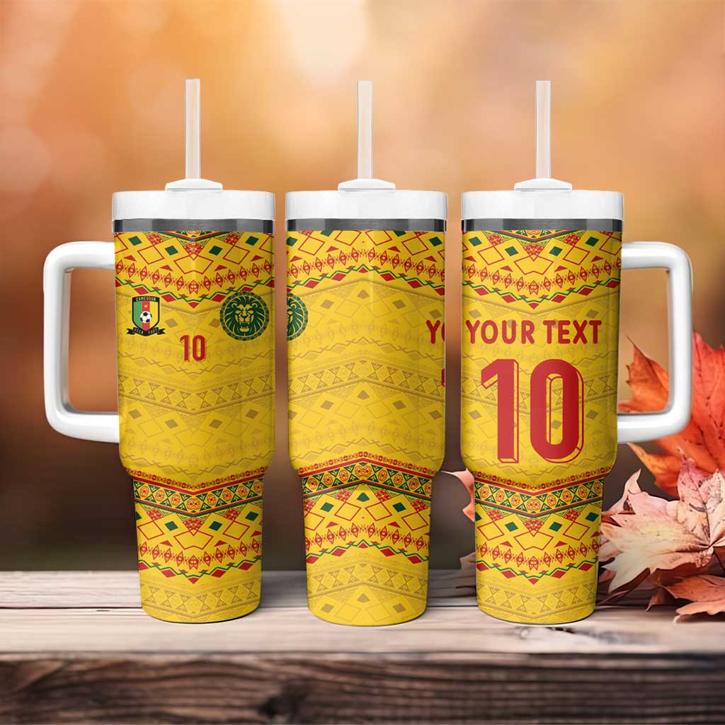 Custom Cameroon Football Tumbler With Handle Tribal Motifs Yellow Color - African Pride