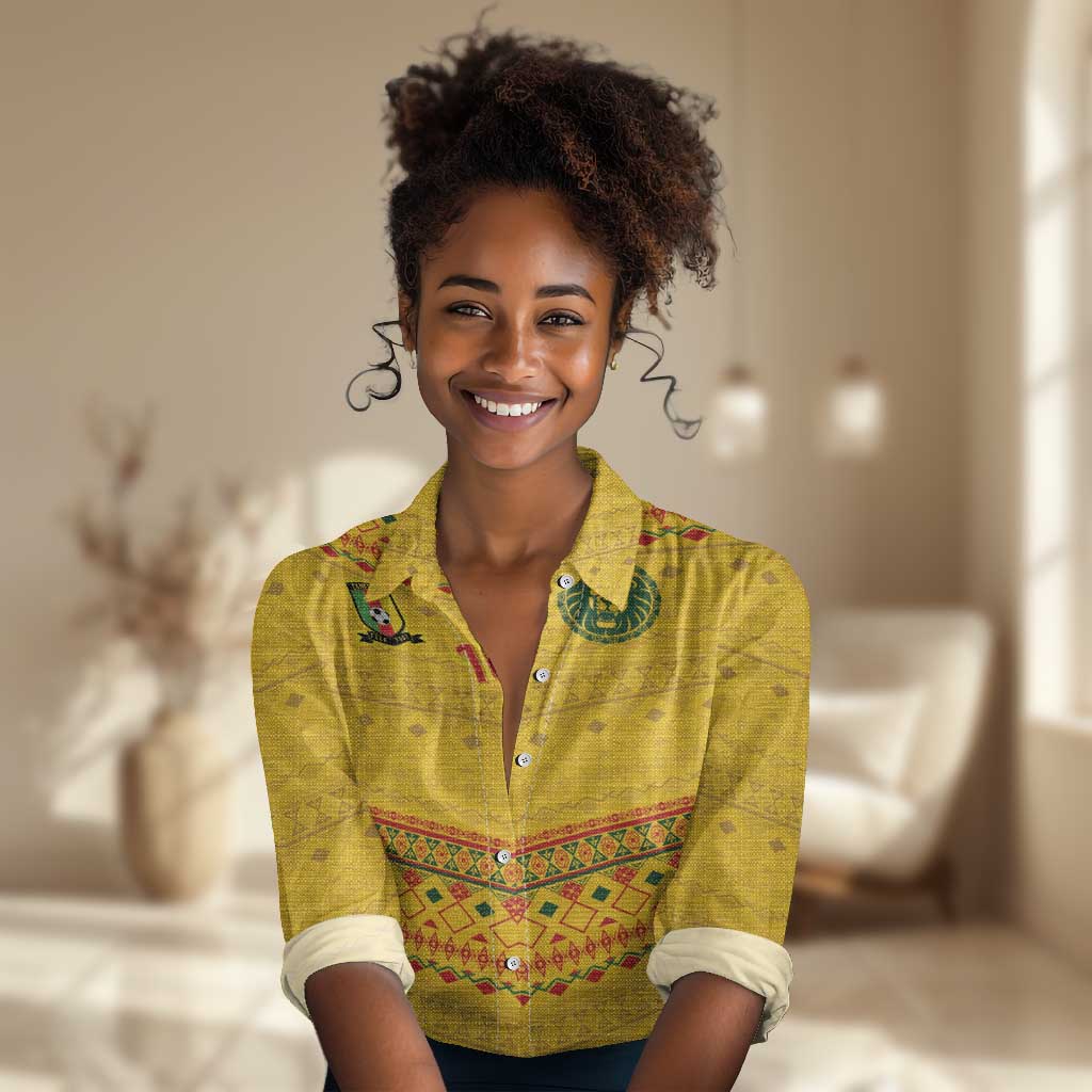 Custom Cameroon Football Women Casual Shirt Tribal Motifs Yellow Color - African Pride